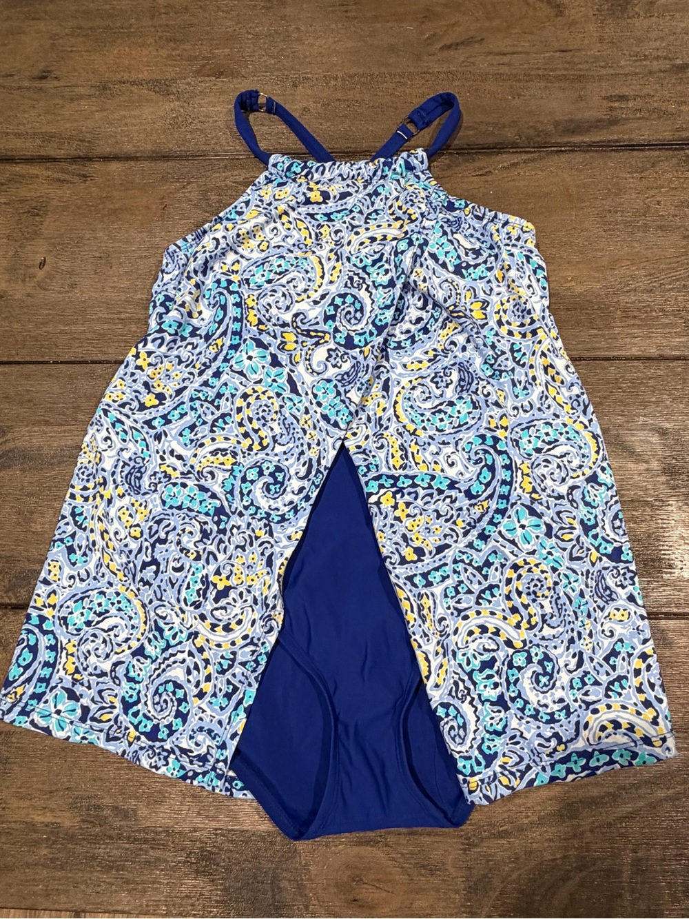 crown & ivy Women’s Blue Paisley One-Piece Swim Dress Size Medium